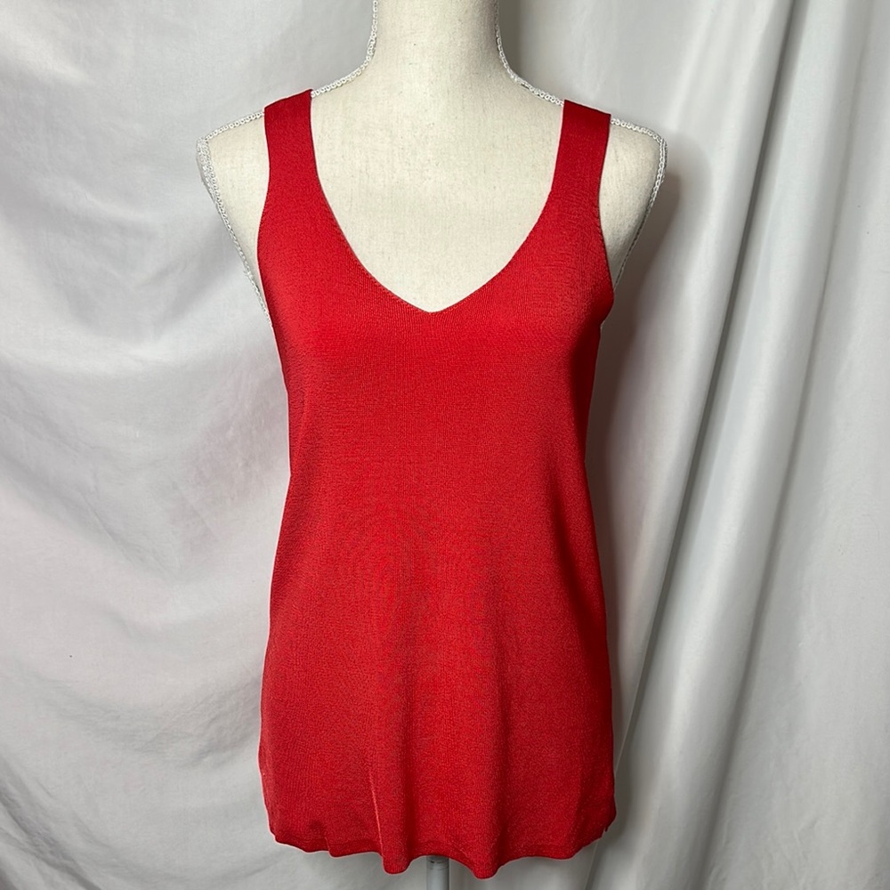 Ann Taylor Deep V Neck Coral Red Pink Sleeveless Knit Tank Top